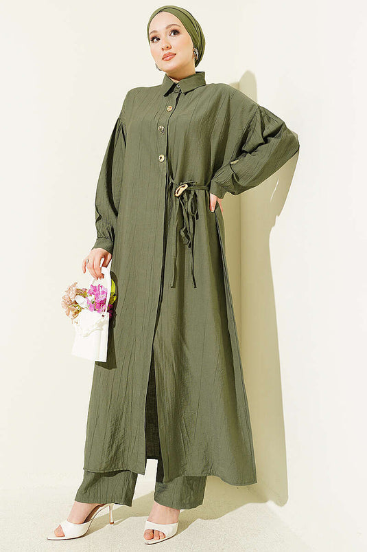Long Tunic Set with Hidden Buttons and String Detail, Khaki