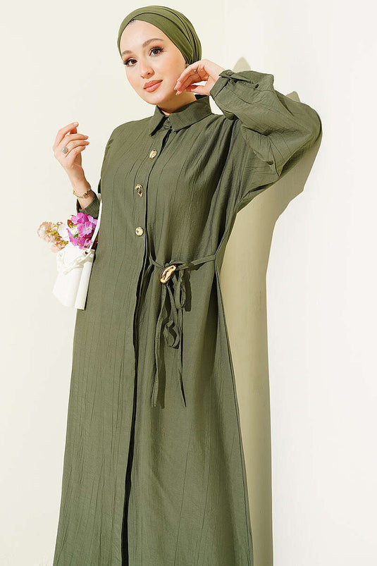 Long Tunic Set with Hidden Buttons and String Detail, Khaki