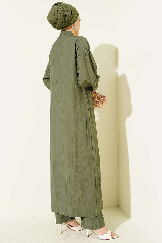 Long Tunic Set with Hidden Buttons and String Detail, Khaki