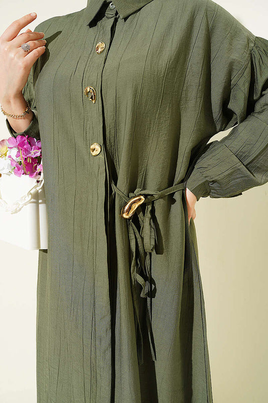 Long Tunic Set with Hidden Buttons and String Detail, Khaki