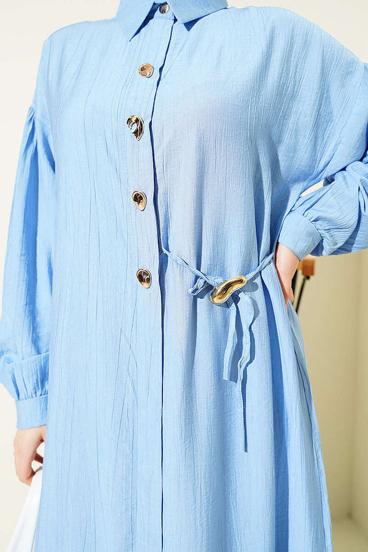 Ensemble tunique longue avec cordon et boutons cachés bleu