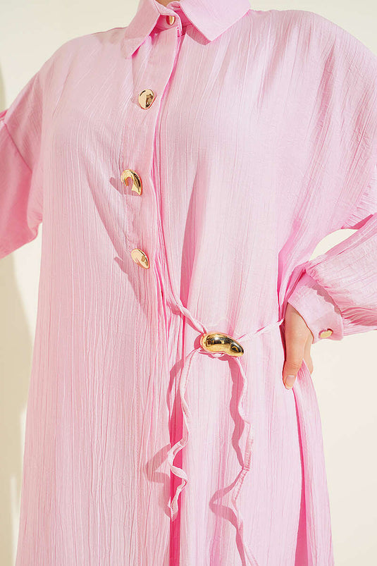 Gizli Knopfleiste mit Kordeldetail, langer Tunika-Set, Rosa
