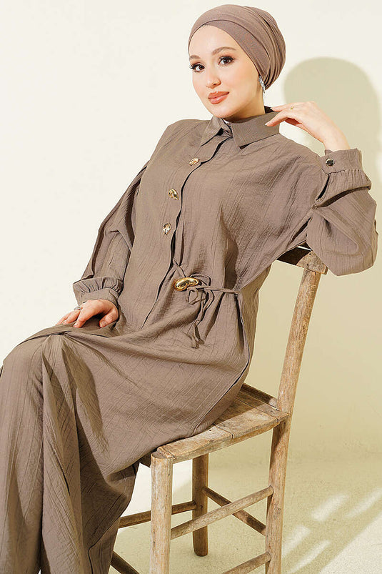 Long Tunic Set with Hidden Buttons and String Detail, Mink