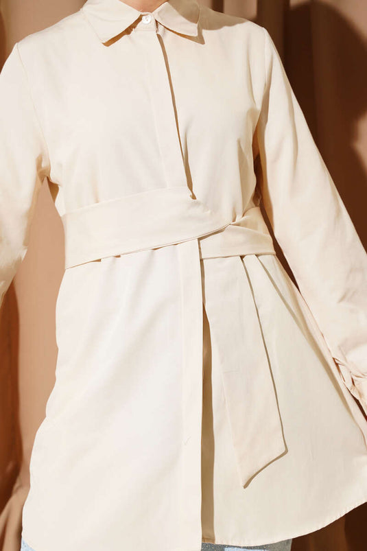 Hidden Button Self-Belted Shirt Beige