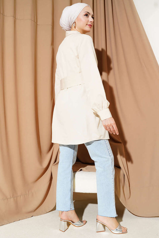 Hidden Button Self-Belted Shirt Beige