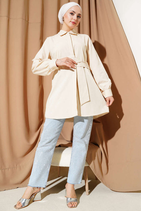 Hidden Button Self-Belted Shirt Beige