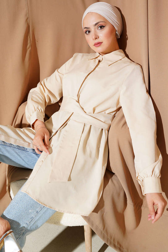 Hidden Button Self-Belted Shirt Beige