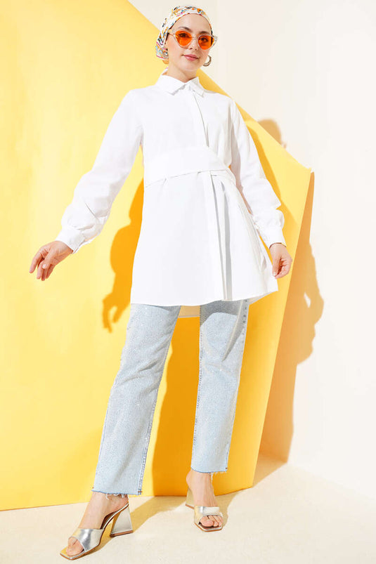 Gizli Düğmeli Kendinden Kuşaklı Gömlek Beyaz