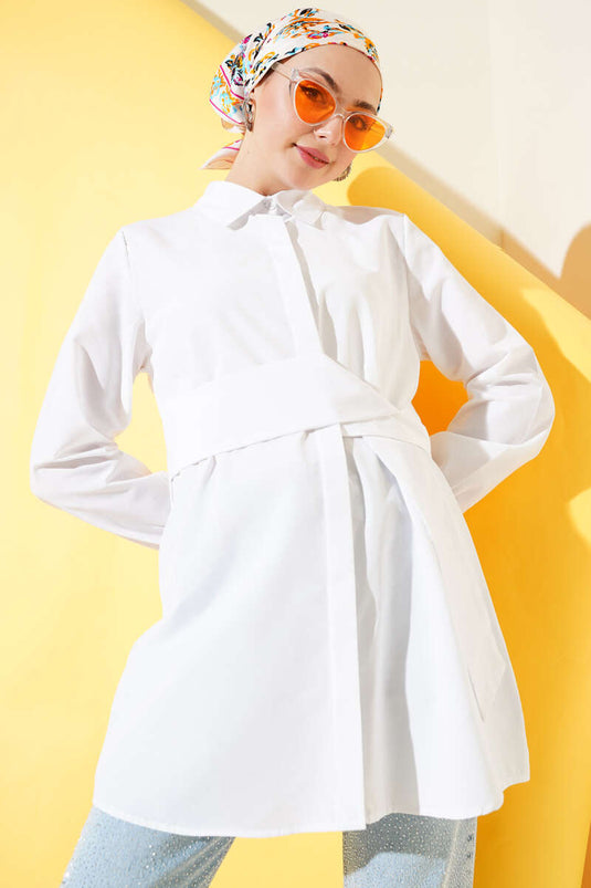 Gizli Düğmeli Kendinden Kuşaklı Gömlek Beyaz