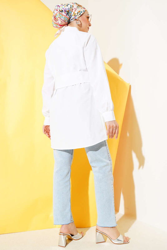 Gizli Düğmeli Kendinden Kuşaklı Gömlek Beyaz