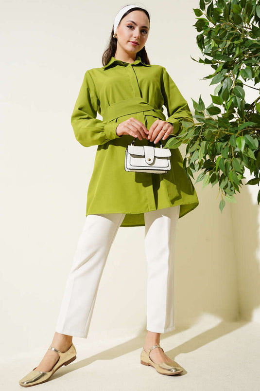 Hidden Button Self-Belted Shirt Pistachio Green