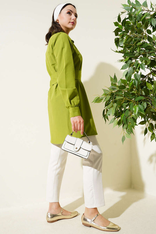 Hidden Button Self-Belted Shirt Pistachio Green