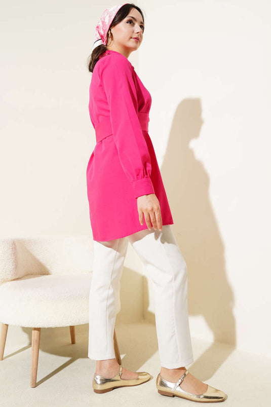 Hidden Button Self-Belted Shirt Fuchsia