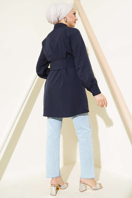 Hidden Button Self-Belted Shirt Navy Blue
