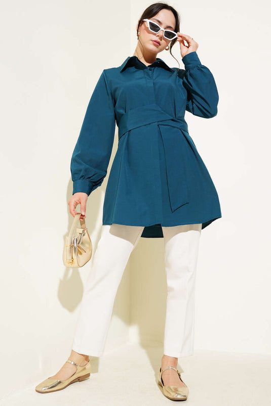 Hidden Button Self Belted Shirt Petrol