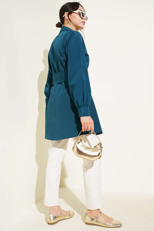 Hidden Button Self Belted Shirt Petrol