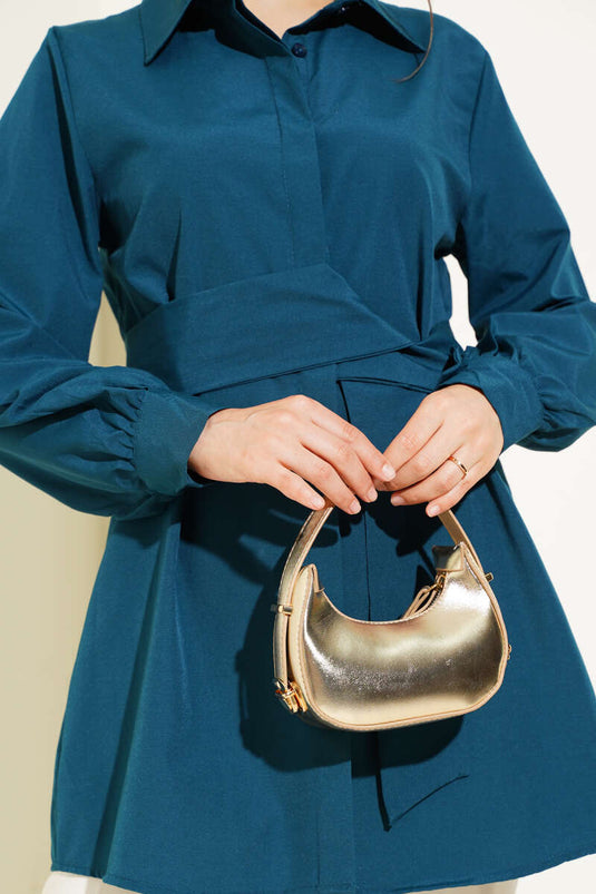 Hidden Button Self Belted Shirt Petrol