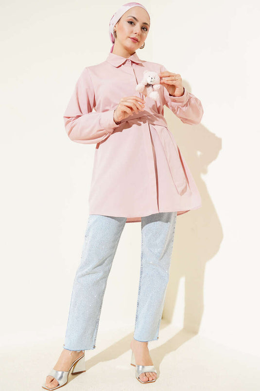 Hidden Button Self Belted Shirt Powder