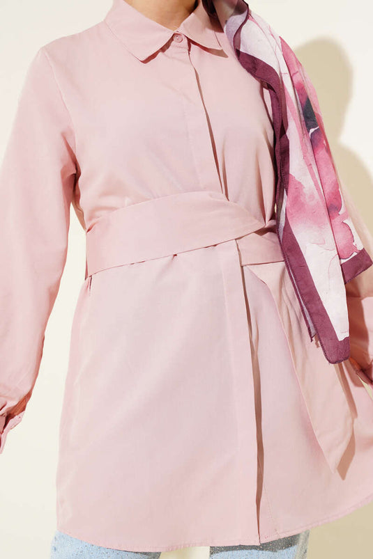 Hidden Button Self Belted Shirt Powder