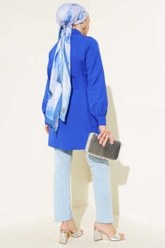 Gizli Düğmeli Kendinden Kuşaklı Gömlek Saks