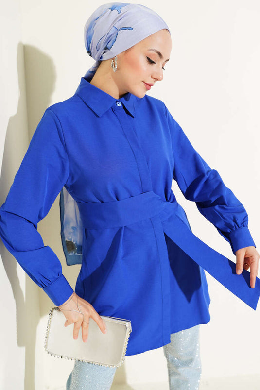 Gizli Düğmeli Kendinden Kuşaklı Gömlek Saks