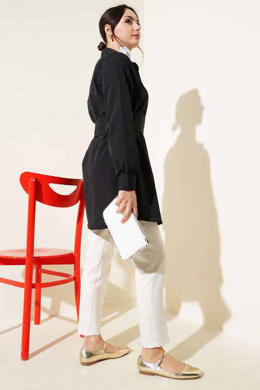 Hidden Button Self Belted Shirt Black