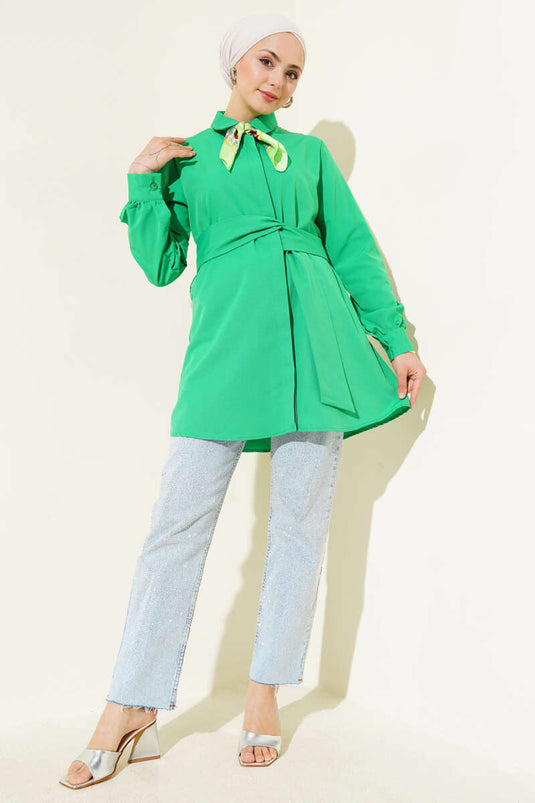 Hidden Button Self-Belted Shirt Green