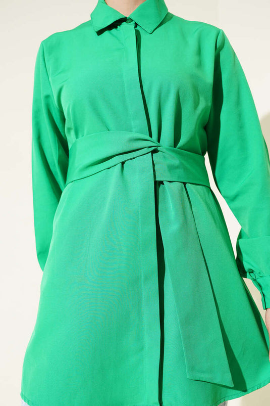 Hidden Button Self-Belted Shirt Green
