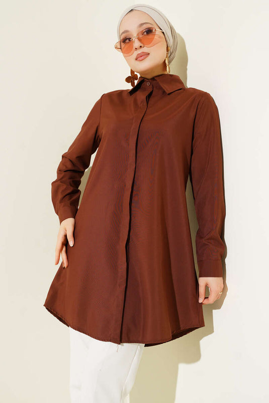 Gizli Düğmeli Klasik Gömlek Kahve