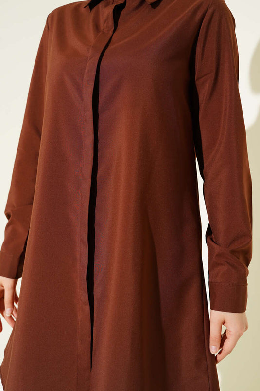 Gizli Düğmeli Klasik Gömlek Kahve