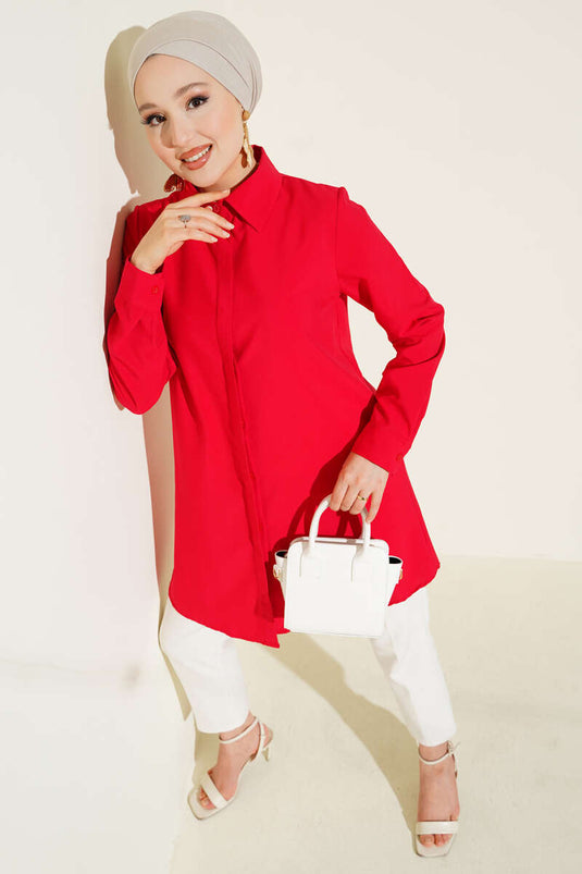 Hidden Button Classic Shirt Red