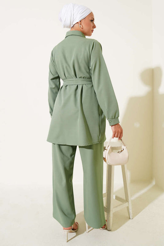 Hidden Button Belted Double Breasted Suit, Almond Green