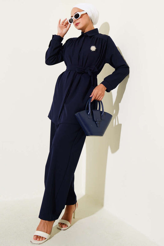 Gizli Düğmeli Kuşaklı Dabıl İkili Takım Lacivert