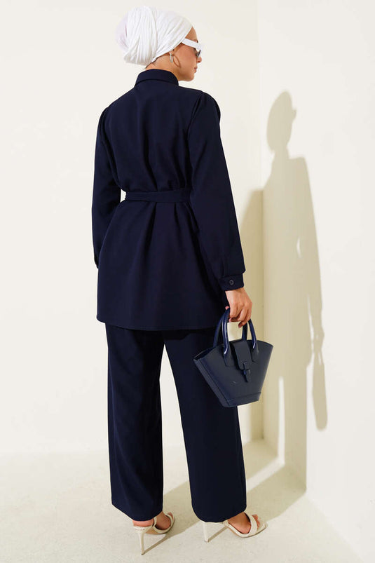 Gizli Düğmeli Kuşaklı Dabıl İkili Takım Lacivert