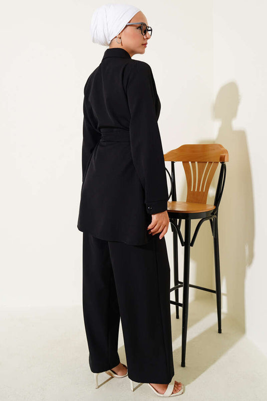 Gizli Düğmeli Kuşaklı Dabıl İkili Takım Siyah