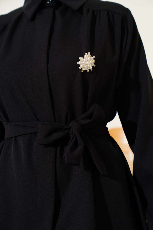 Gizli Düğmeli Kuşaklı Dabıl İkili Takım Siyah