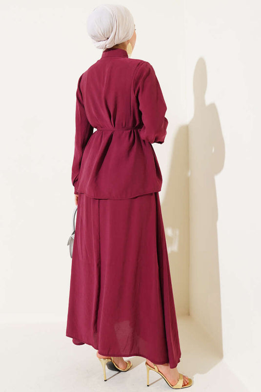 Hidden Button Belted Skirted Two Piece Suit Burgundy
