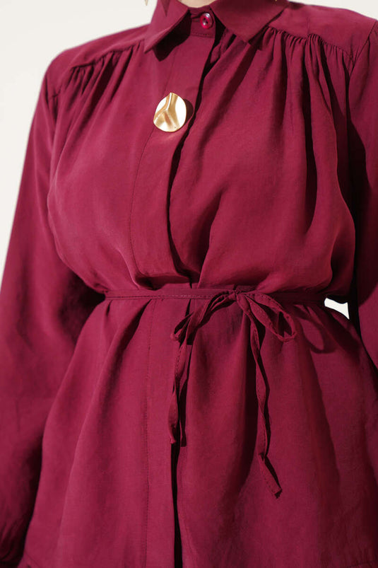 Hidden Button Belted Skirted Two Piece Suit Burgundy