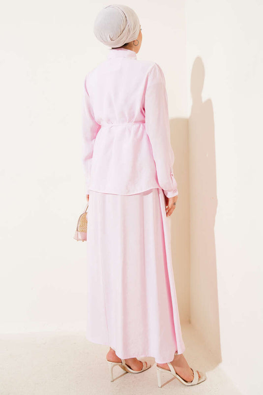 Gizli Düğmeli Kuşaklı Etekli İkili Takım Pembe