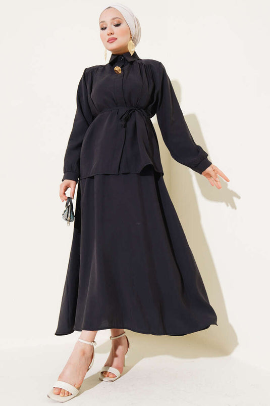 Hidden Button Belted Skirted Two Piece Suit Black