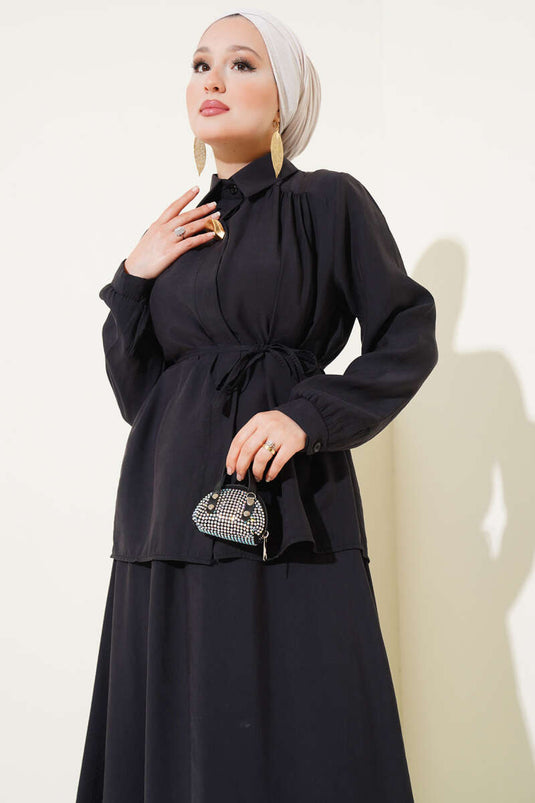 Hidden Button Belted Skirted Two Piece Suit Black