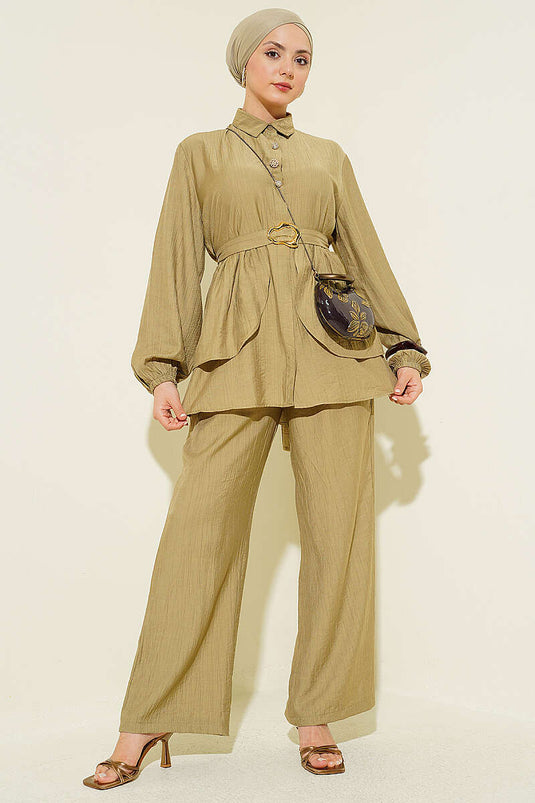 Ensemble tunique à ceinture avec boutons cachés, vert sauge