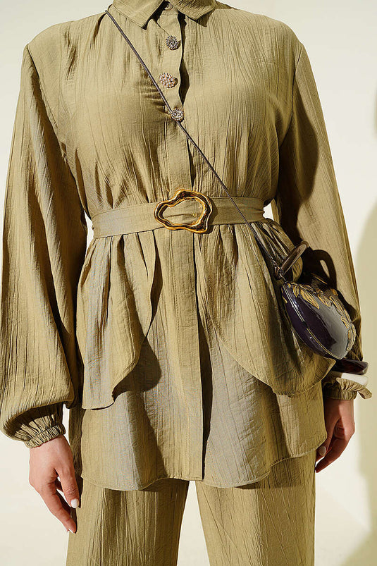 Ensemble tunique à ceinture avec boutons cachés, vert sauge