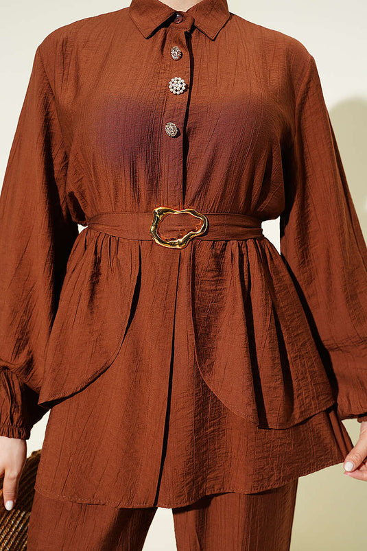Ensemble tunique à ceinture avec boutons cachés, marron