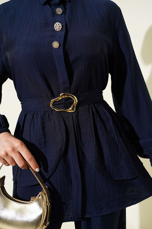 Ensemble tunique à ceinture avec boutons cachés, lot de deux, bleu marine