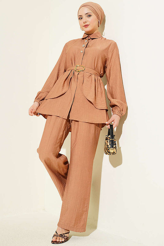 Ensemble tunique à ceinture avec boutons cachés Latte
