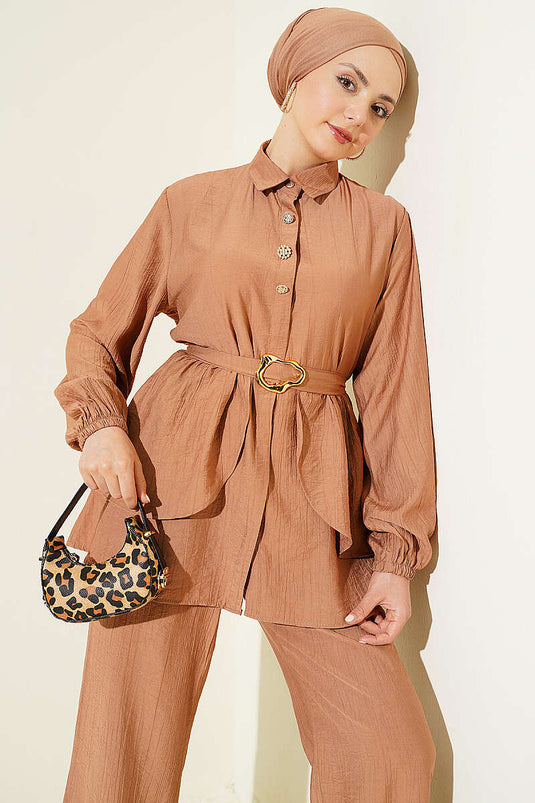 Ensemble tunique à ceinture avec boutons cachés Latte