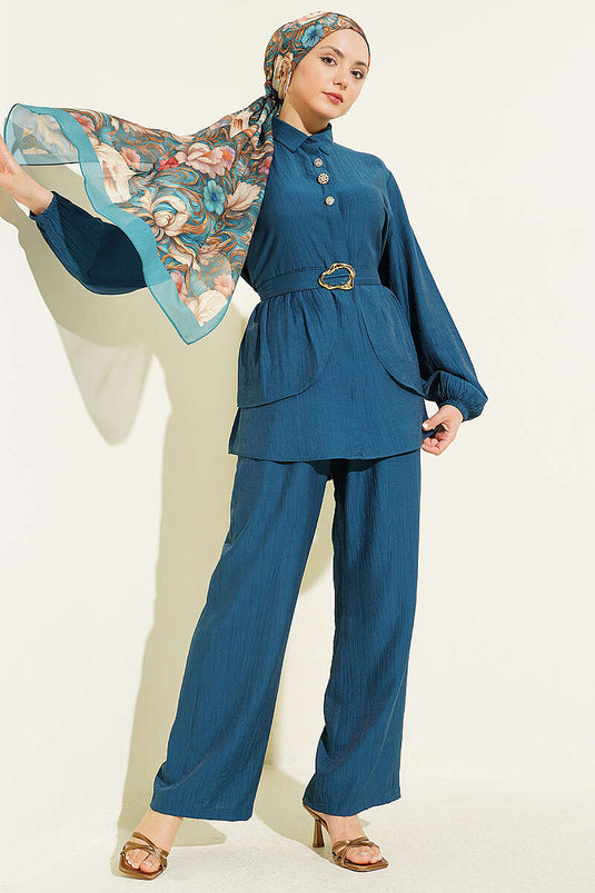 Ensemble tunique à ceinture avec boutons cachés, couleur pétrole