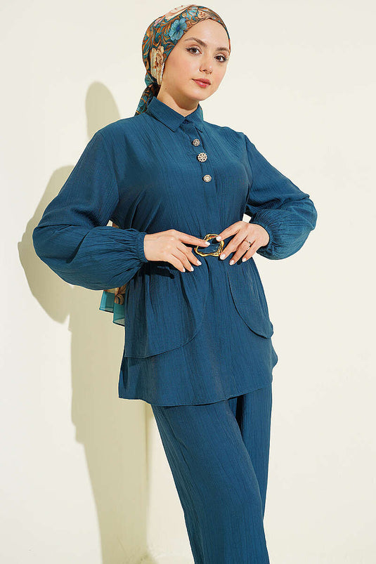 Ensemble tunique à ceinture avec boutons cachés, couleur pétrole