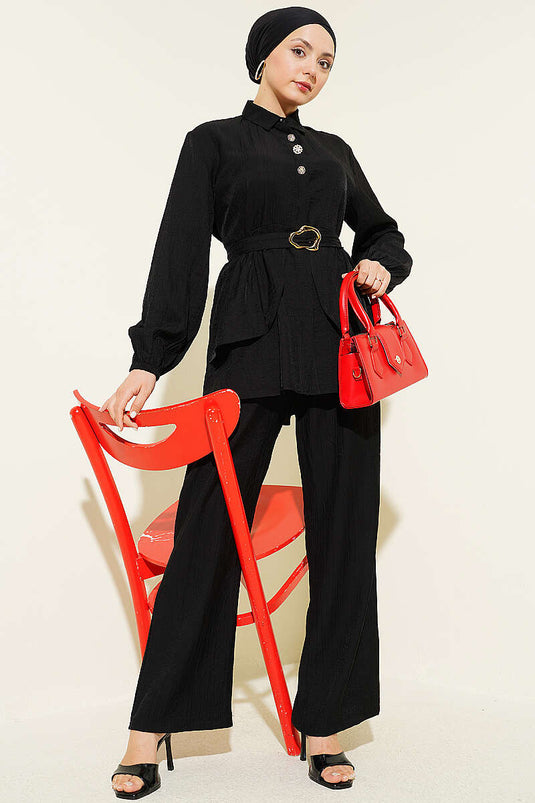 Ensemble tunique à ceinture avec boutons cachés, noir, deux pièces
